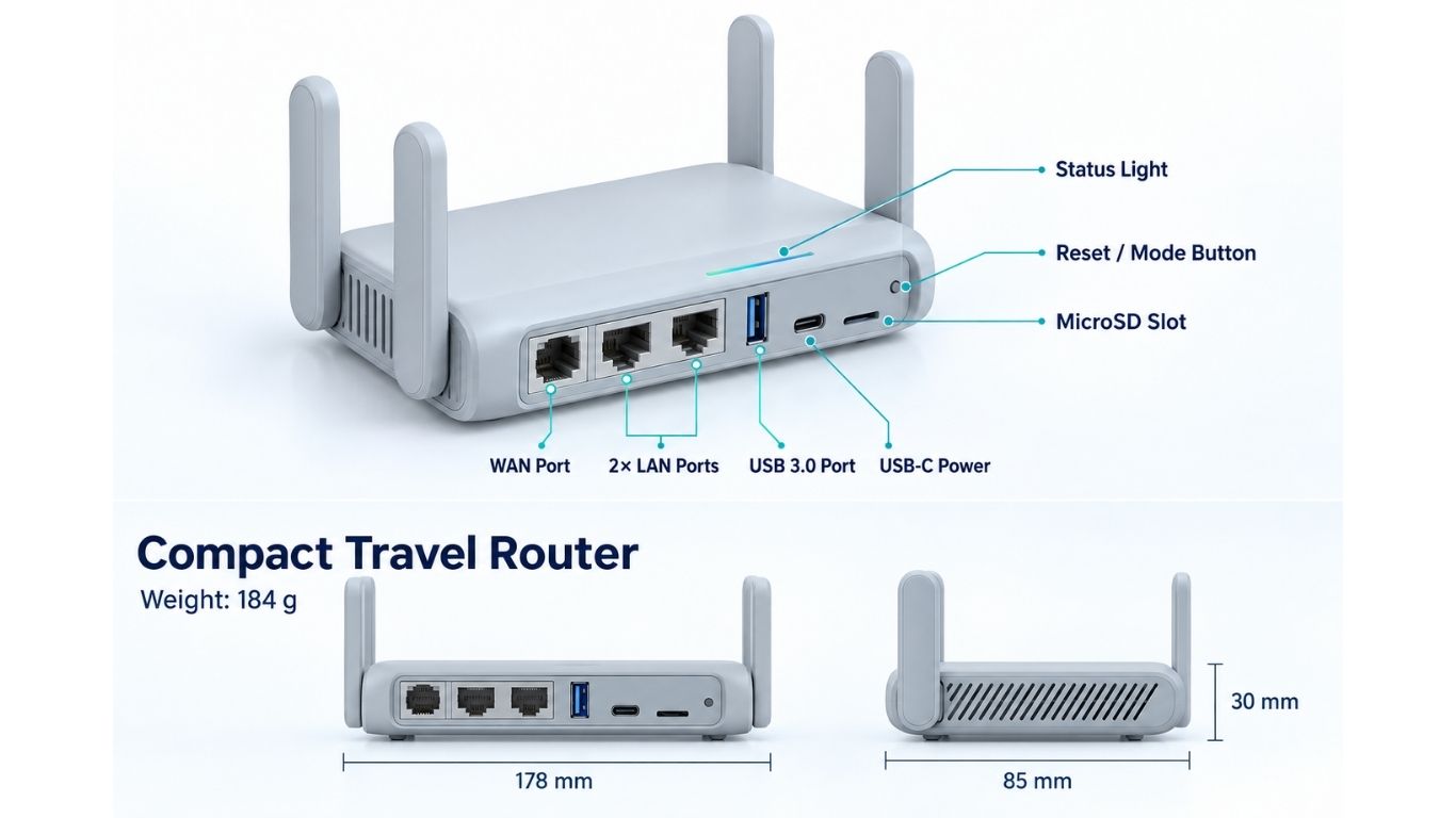 GL.iNet GL-SFT1200 Opal AC1200 travel router with dual-band WiFi and Gigabit Ethernet ports