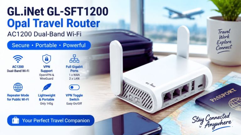 GL.iNet GL-SFT1200 Opal AC1200 travel router with dual-band WiFi and Gigabit internet ports