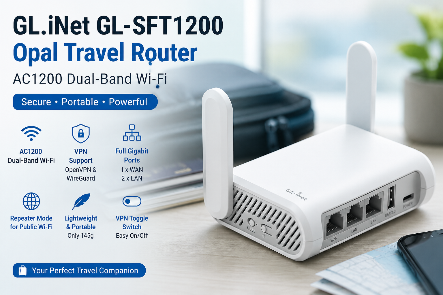 GL.iNet GL-SFT1200 Opal AC1200 dual-band travel router with Gigabit ports and VPN support