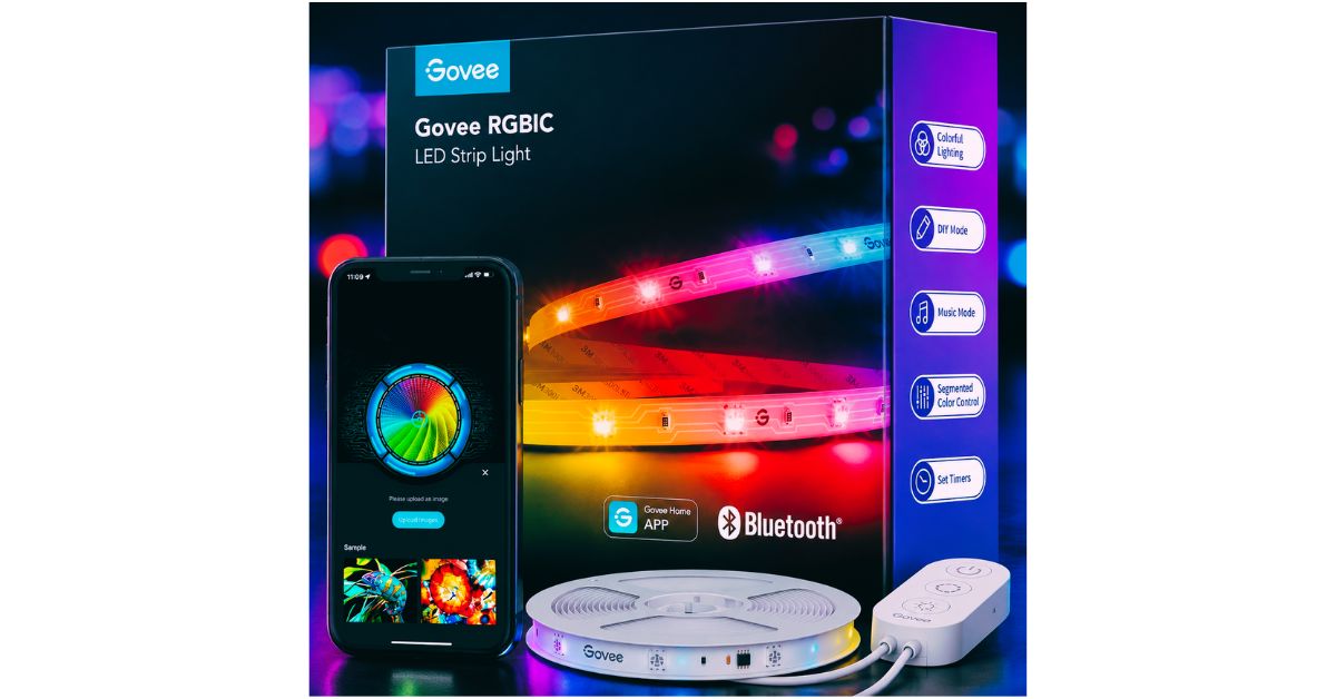 Govee RGBIC LED strip lights installed in bedroom with colorful smart lighting effects