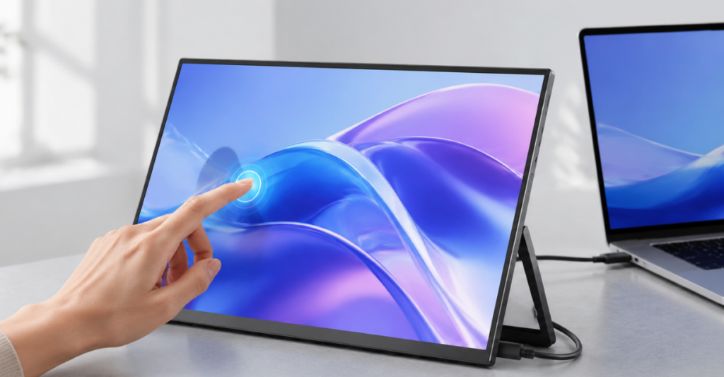 UPERFECT 15.6-inch portable touchscreen monitor connected to a laptop