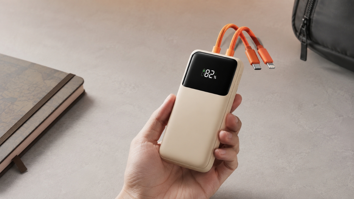 Compact power bank with built-in orange charging cables and digital battery display