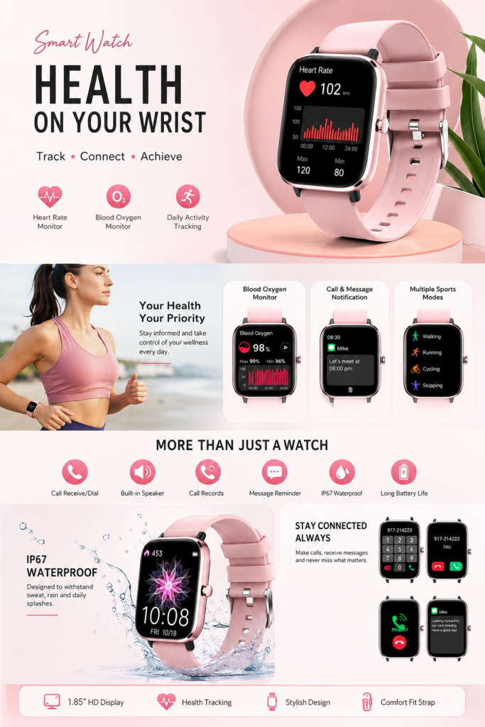 Pink smartwatch for women with Bluetooth calling and fitness tracking