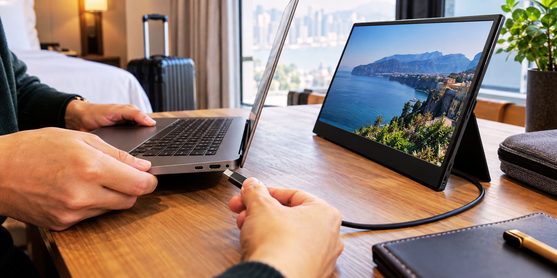Traveler choosing a portable monitor for a laptop
