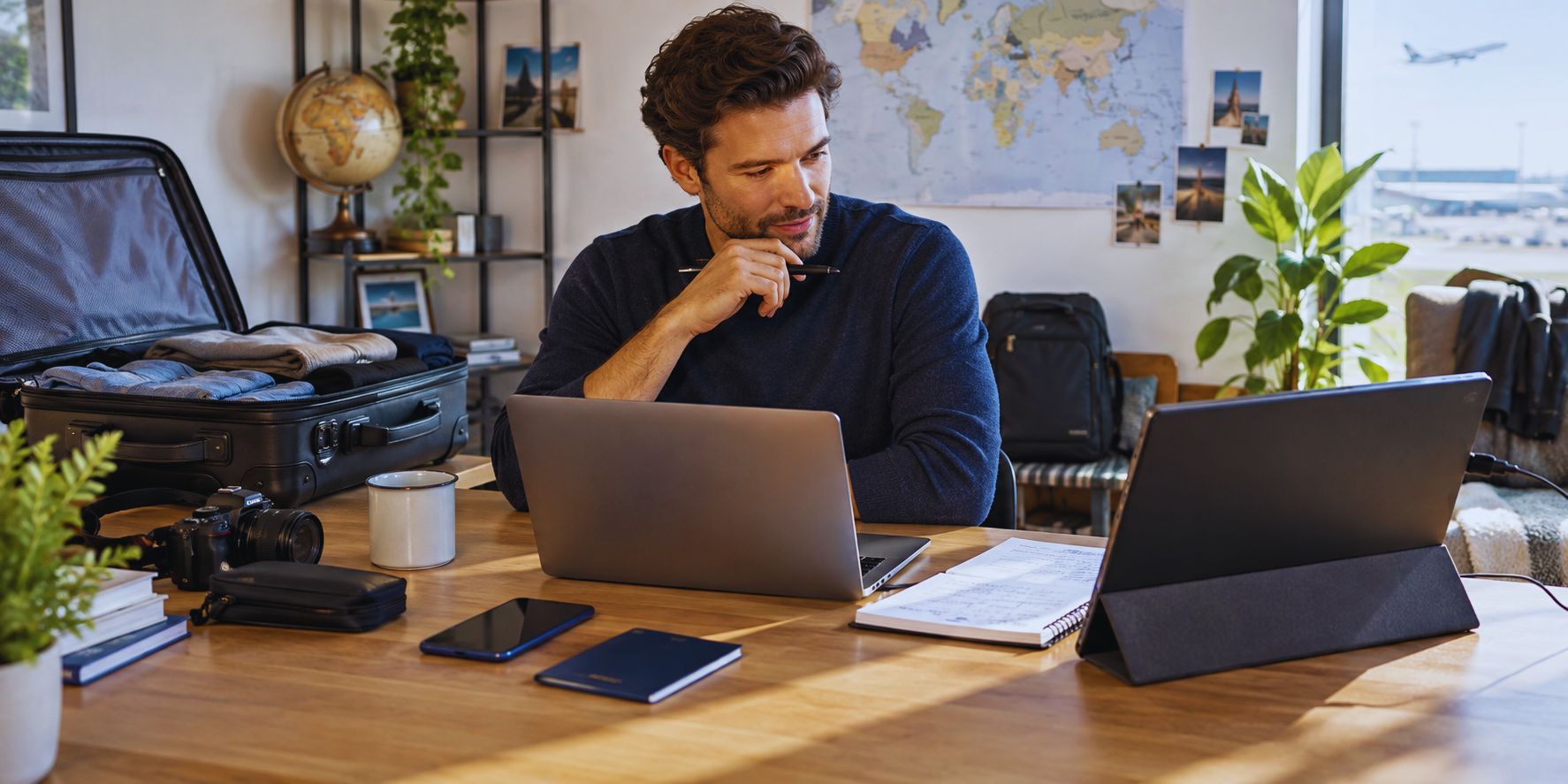 Traveler choosing a portable monitor for a laptop