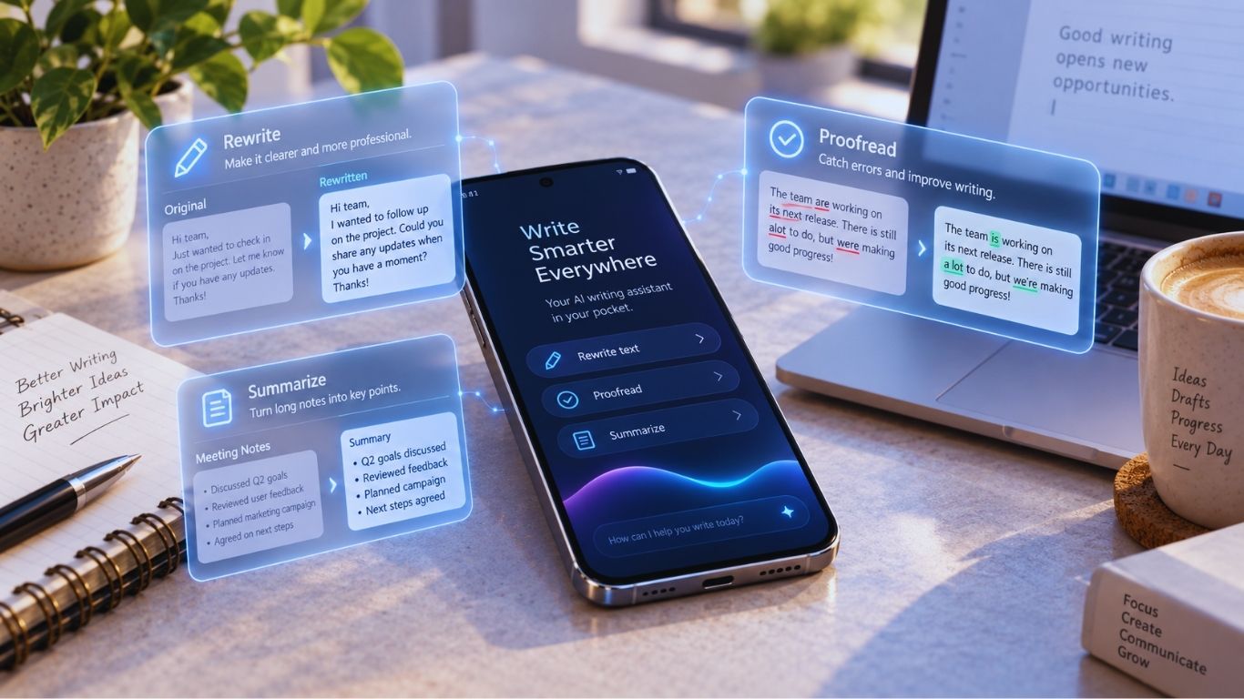 iOS 27 AI writing tools for rewriting proofreading and summarizing text
