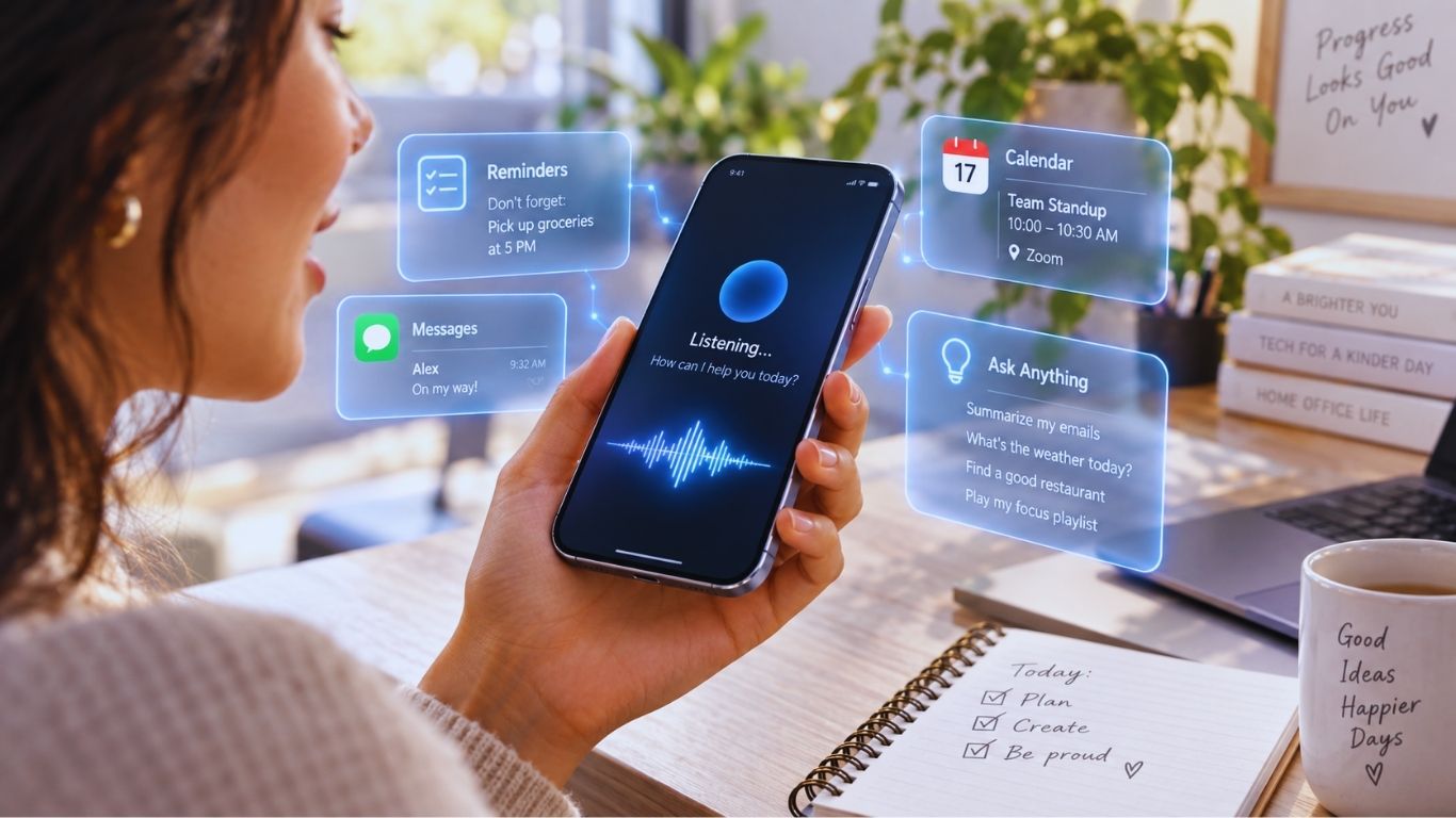 iOS 27 Siri AI assistant concept with reminders messages and calendar