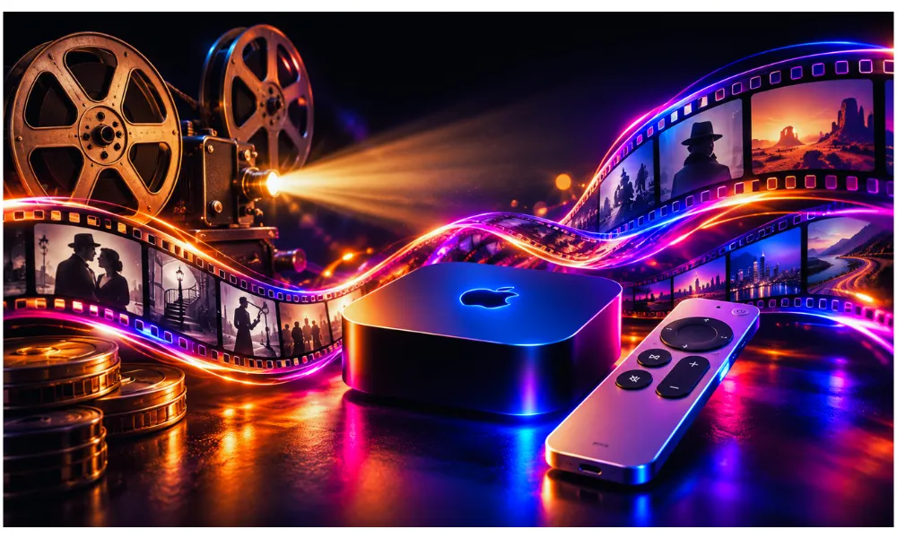 Classic cinema film reels with Apple TV streaming technology