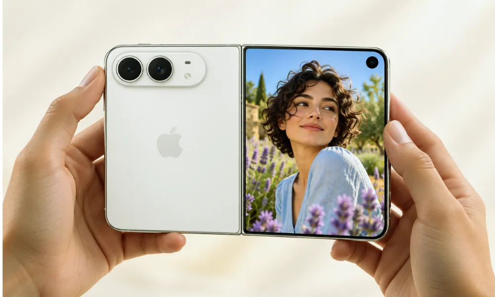 Hands holding an unfolded white smartphone with dual cameras and a portrait on its outer display.