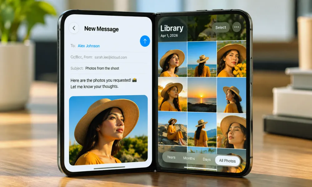 Apple iPhone Duo foldable phone concept showing email and photo library apps side by side on a large dual-screen display.