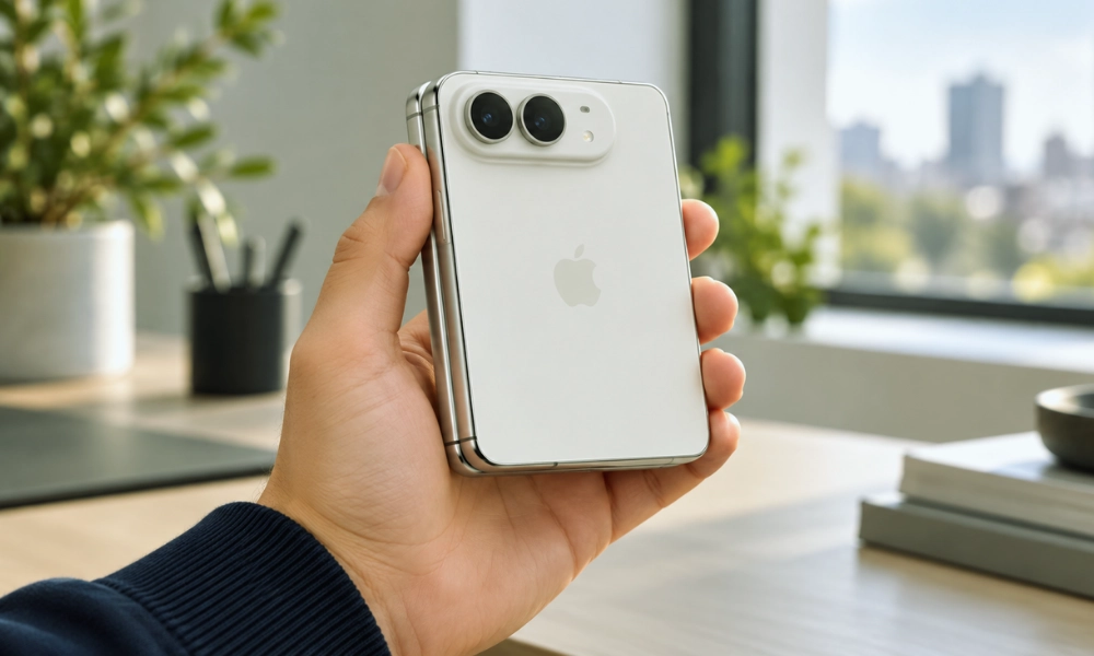 Hands holding an unfolded white smartphone with dual cameras and a portrait on its outer display.