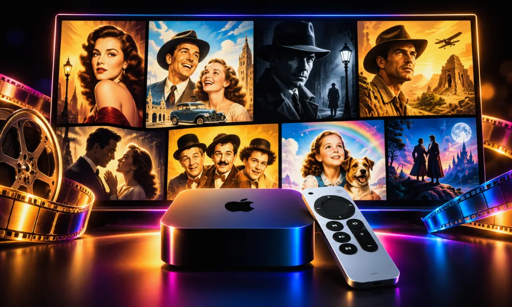 Classic cinema film reels with Apple TV streaming technology