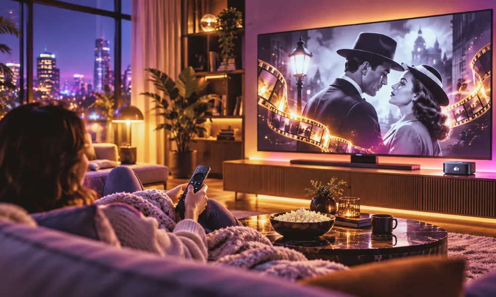 Person watching classic movies on Apple TV in a modern living room