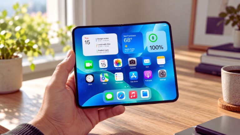 Hand holding an unfolded foldable smartphone displaying apps and widgets.