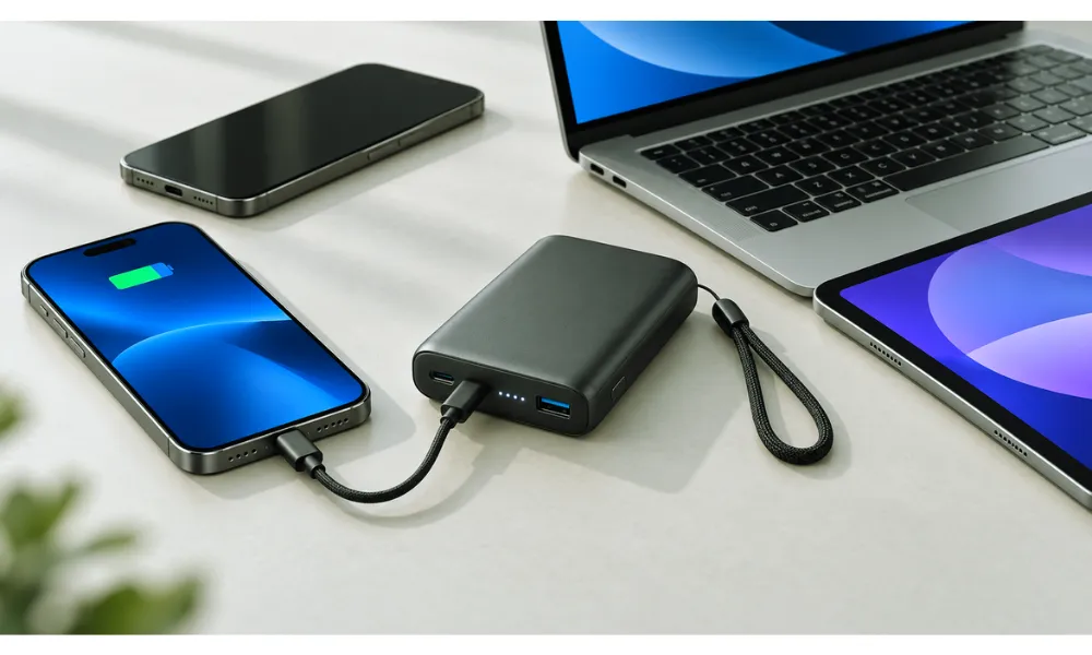 iPhone charging on a black magnetic power bank beside a white power bank on a cafe table.