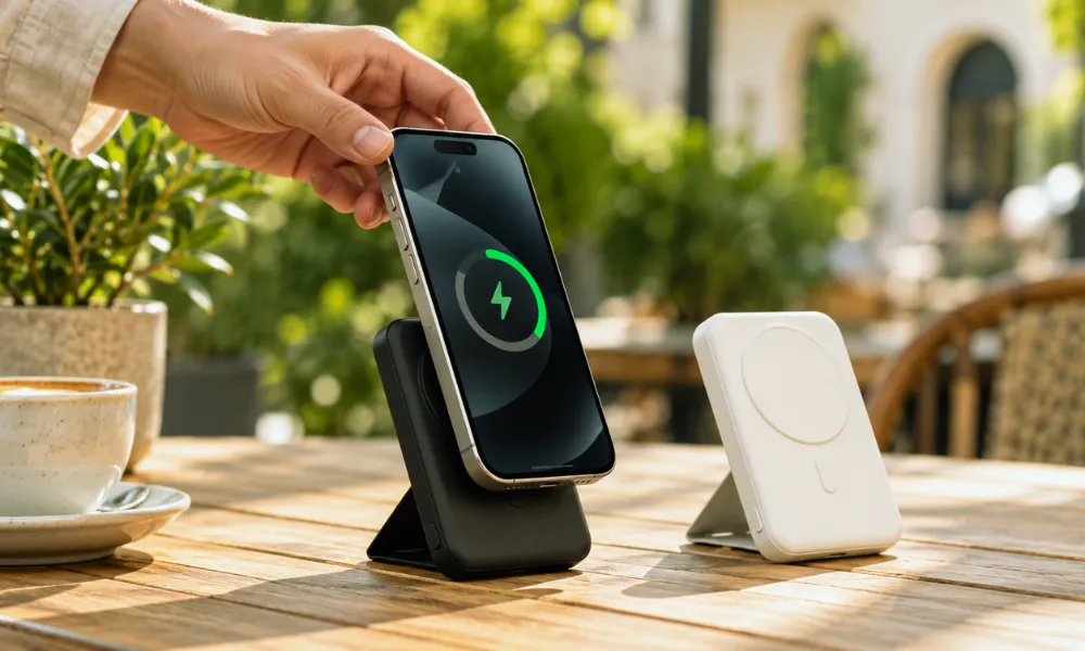 iPhone charging on a black magnetic power bank beside a white power bank on a cafe table.
