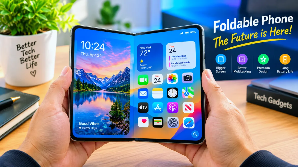 Concept image of a foldable iPhone Duo standing partially open on a wooden table.